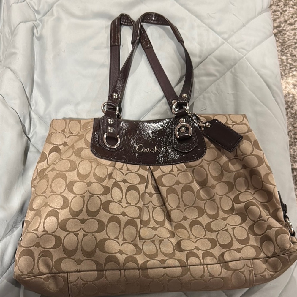 Coach Tan and Brown Shoulder Bag with Signature Monogram